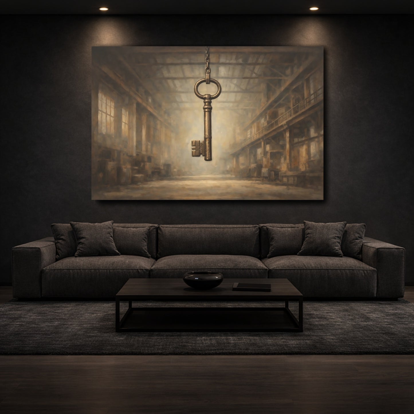 Mockup 2. Vintage Skeleton Key Brown And Gold shown as stretched canvas wall art