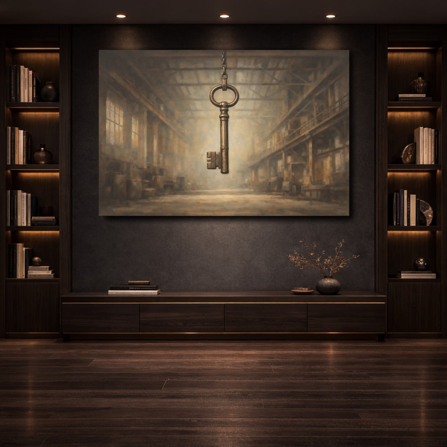 Mockup 3. Vintage Skeleton Key Brown And Gold shown as stretched canvas wall art