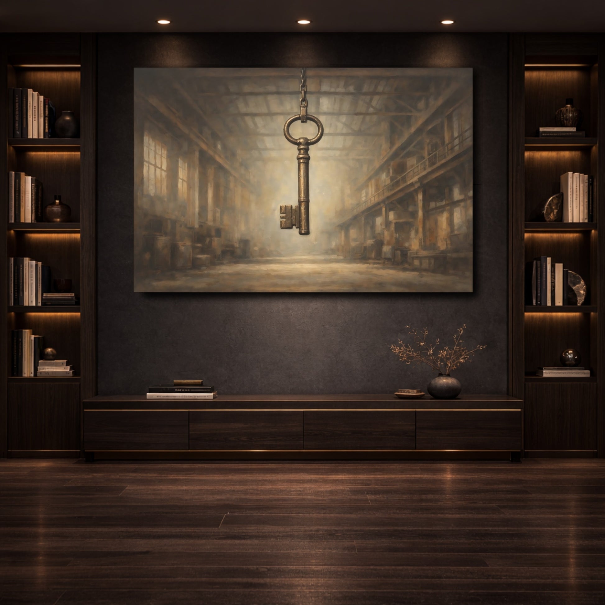 Mockup 3. Vintage Skeleton Key Brown And Gold shown as stretched canvas wall art