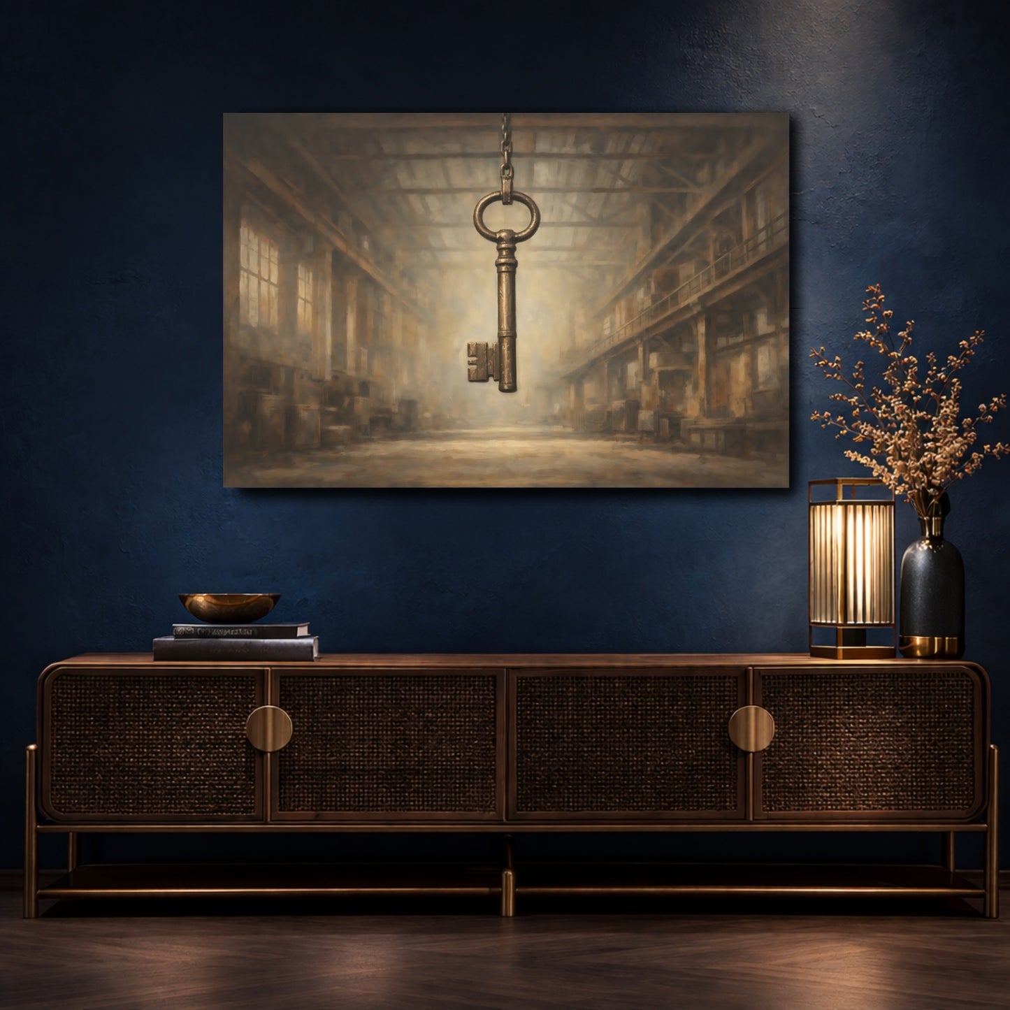 Mockup 4. Vintage Skeleton Key Brown And Gold shown as stretched canvas wall art