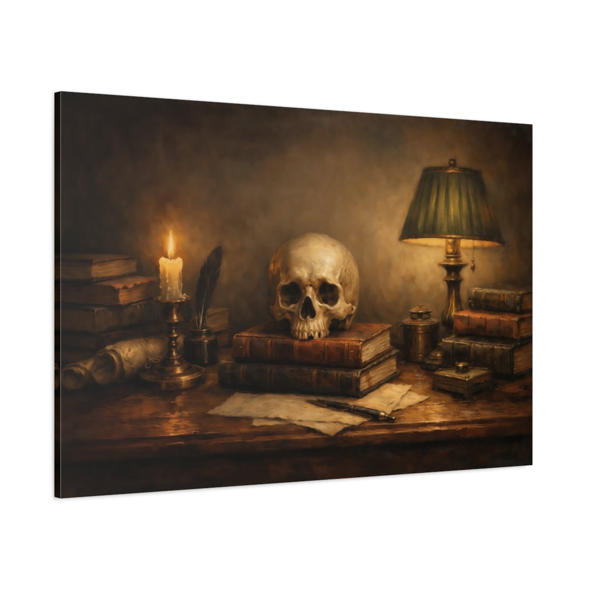 Main Mockup. Vintage Skull Brown And Gold shown as stretched canvas wall art