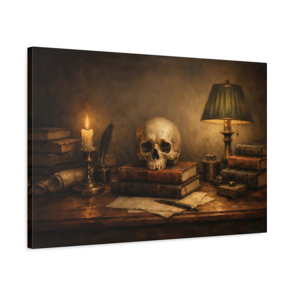 Side Mockup 2. Vintage Skull Brown And Gold shown as stretched canvas wall art