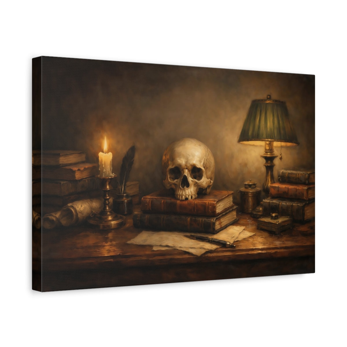 Side Mockup 4. Vintage Skull Brown And Gold shown as stretched canvas wall art