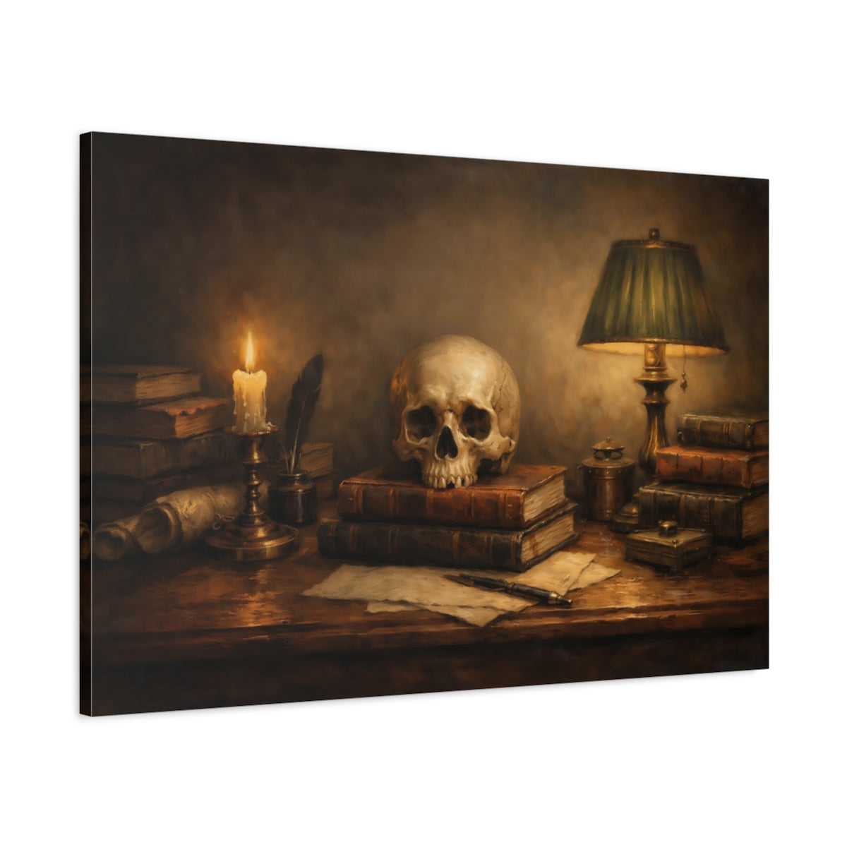 Side Mockup 1. Vintage Skull Brown And Gold shown as stretched canvas wall art