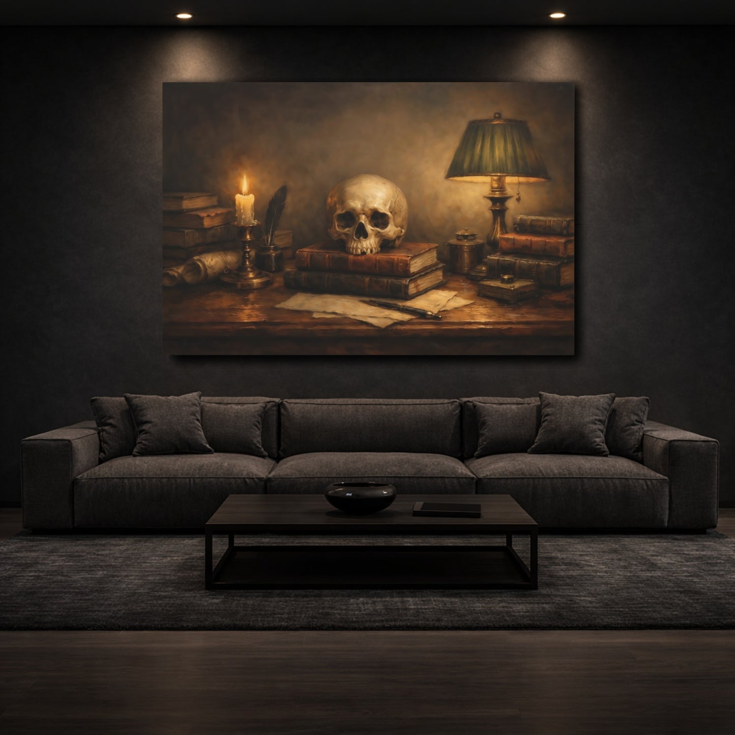 Mockup 2. Vintage Skull Brown And Gold shown as stretched canvas wall art