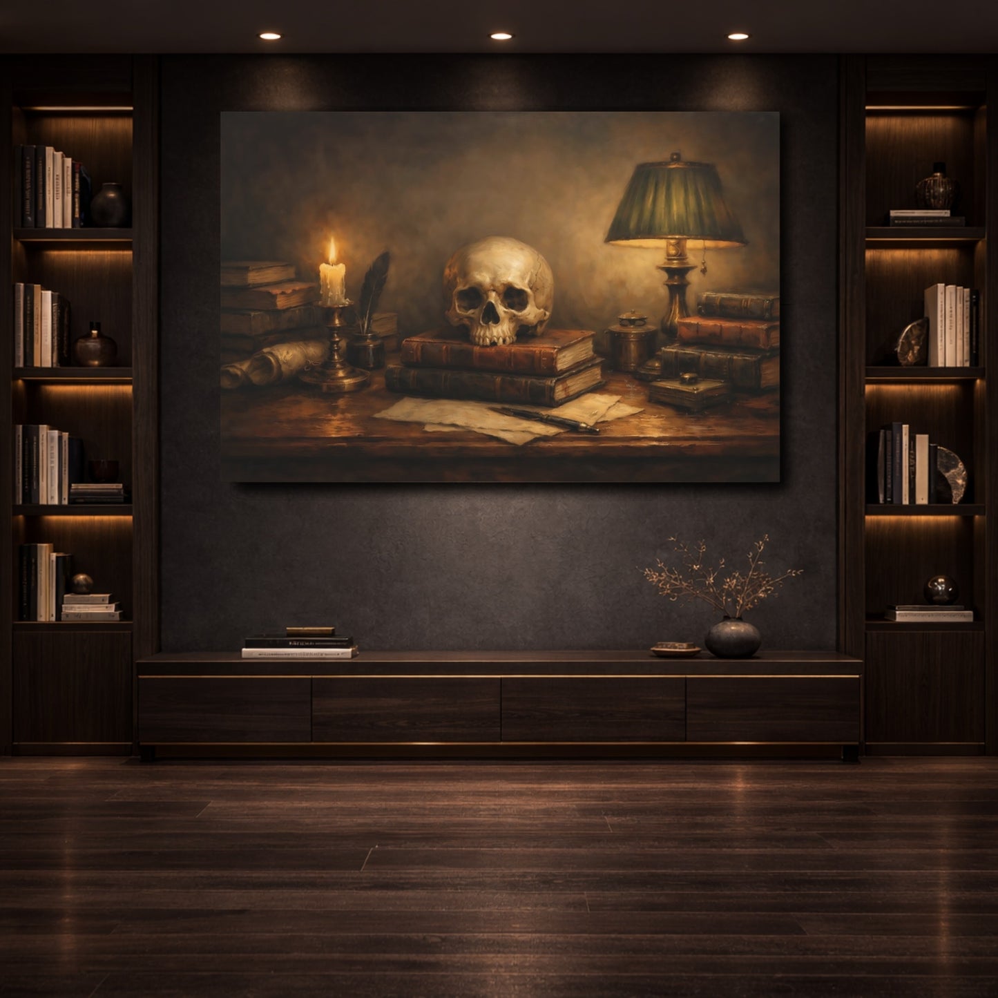 Mockup 3. Vintage Skull Brown And Gold shown as stretched canvas wall art