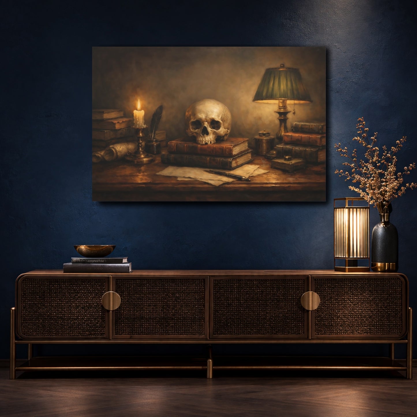 Mockup 4. Vintage Skull Brown And Gold shown as stretched canvas wall art