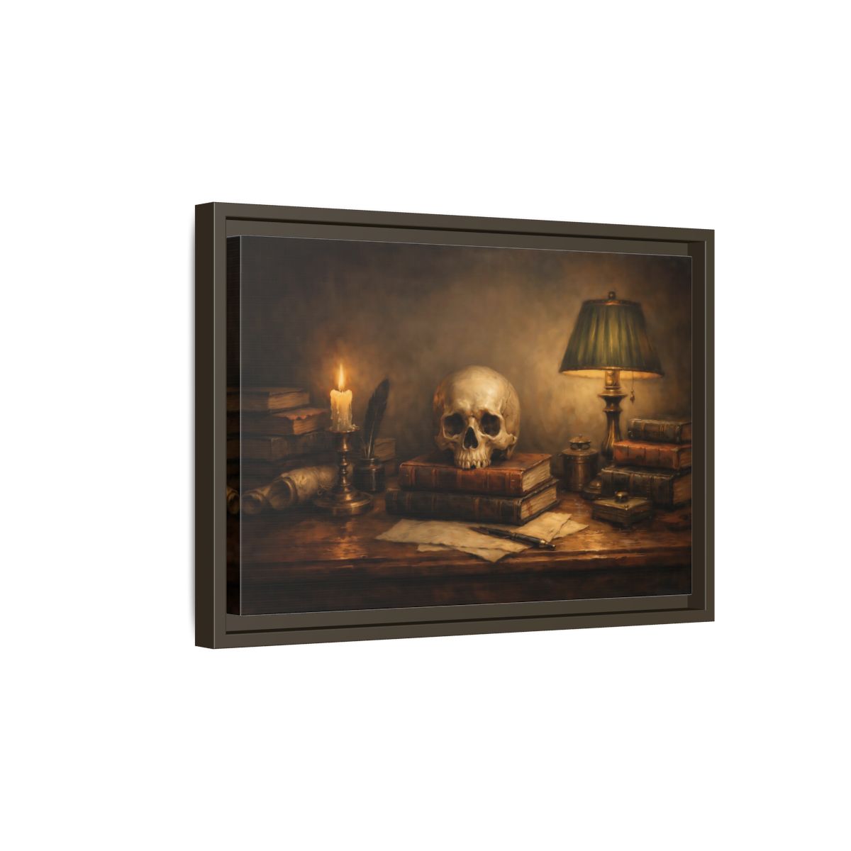 Side Mockup 5. Vintage Skull Dark Academia Still Life shown as stretched canvas wall art