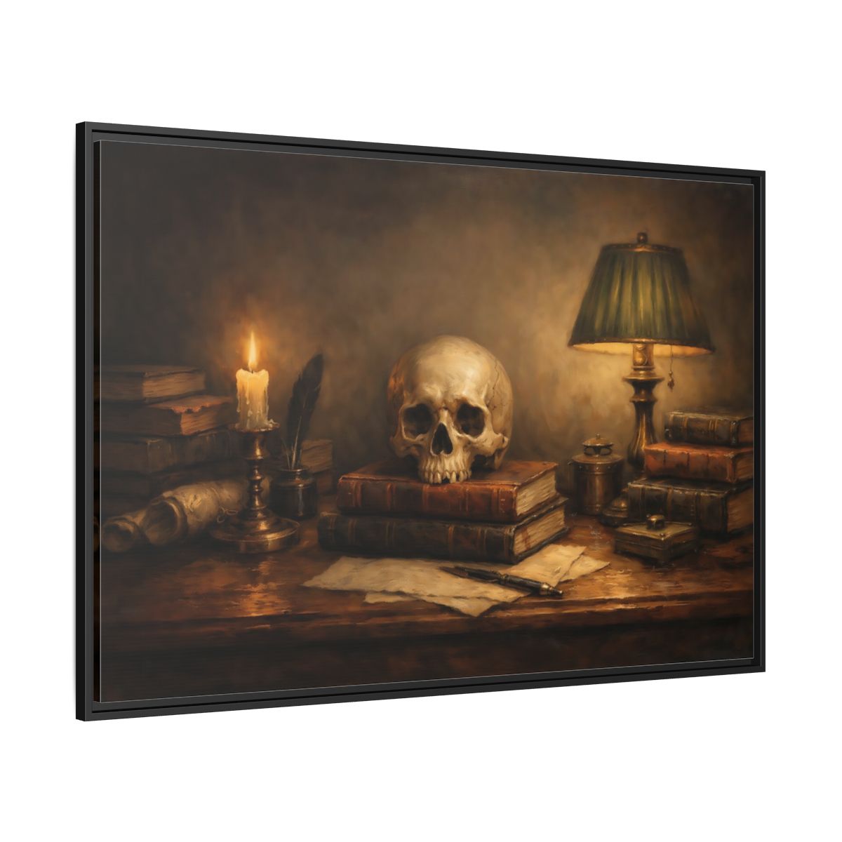 Side Mockup 12. Vintage Skull Dark Academia Still Life shown as stretched canvas wall art