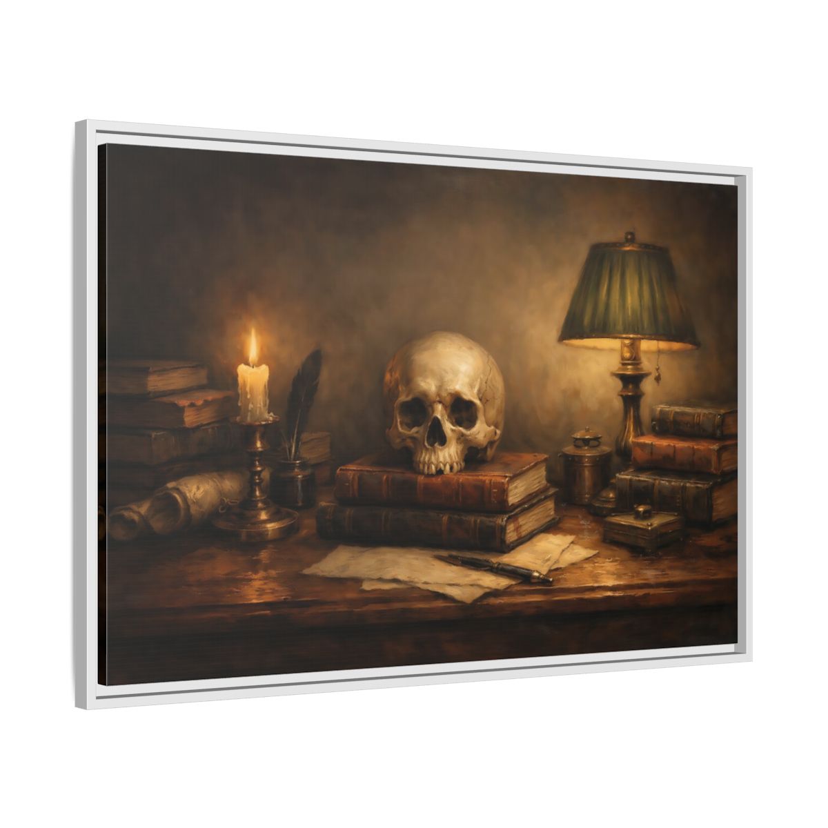 Side Mockup 8. Vintage Skull Dark Academia Still Life shown as stretched canvas wall art