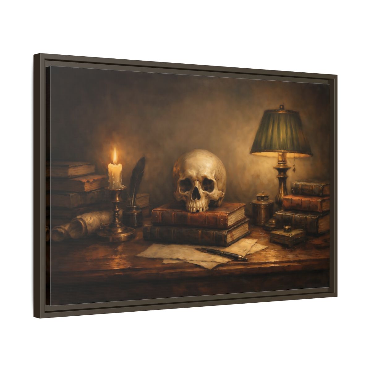 Side Mockup 11. Vintage Skull Dark Academia Still Life shown as stretched canvas wall art