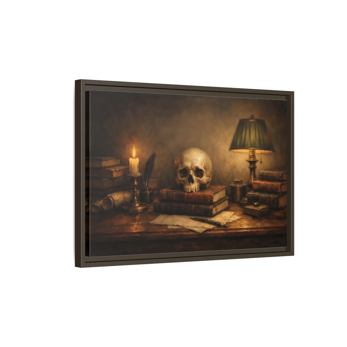Side Mockup 2. Vintage Skull Dark Academia Still Life shown as stretched canvas wall art
