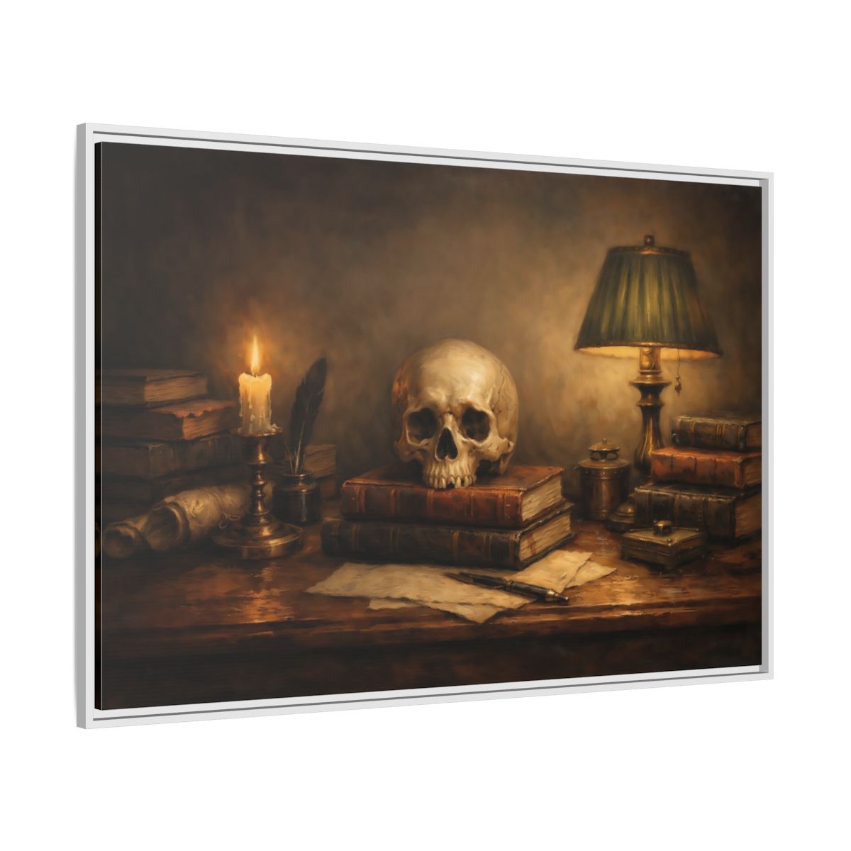 Side Mockup 7. Vintage Skull Dark Academia Still Life shown as stretched canvas wall art