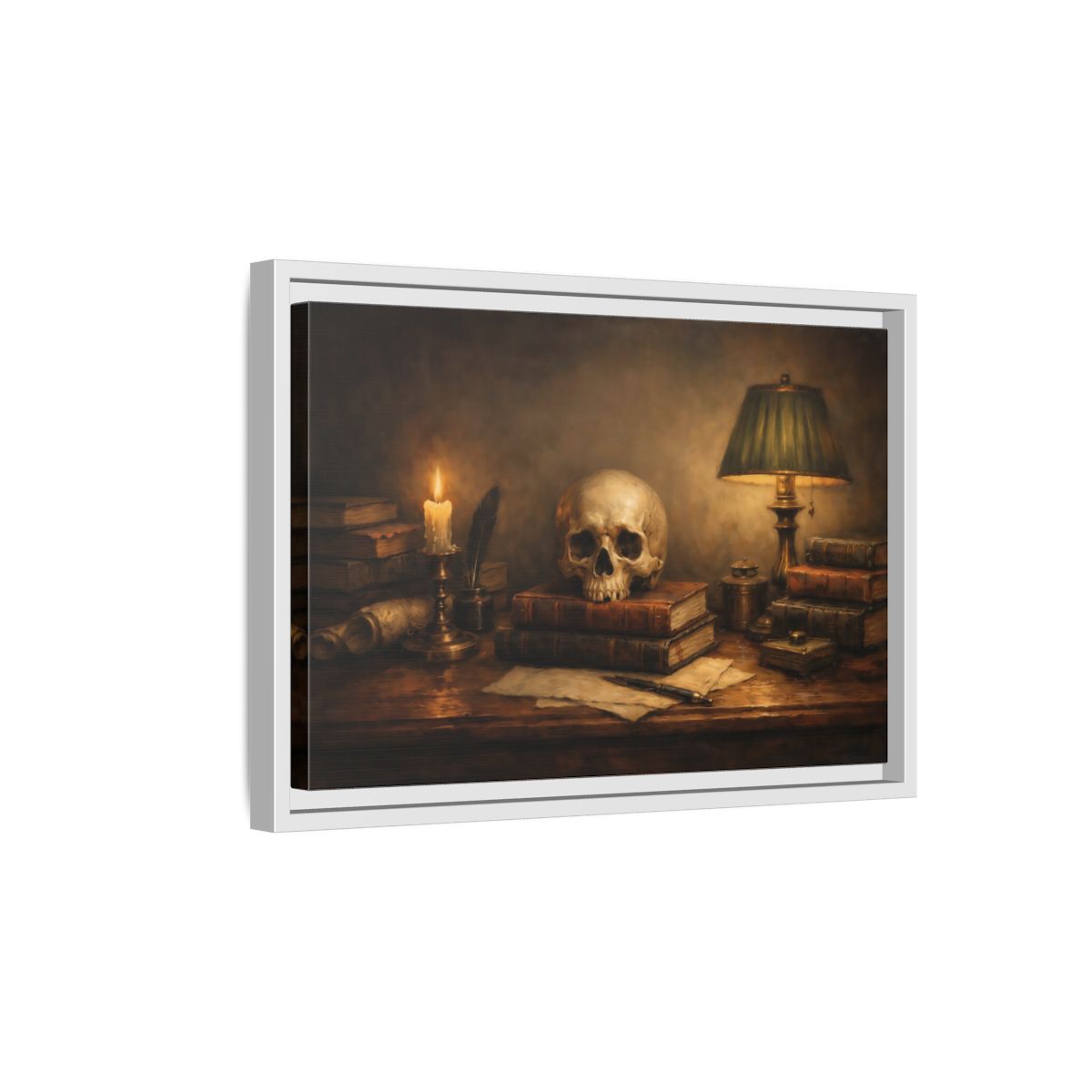 Side Mockup 4. Vintage Skull Dark Academia Still Life shown as stretched canvas wall art