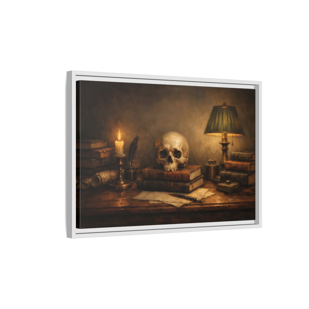 Side Mockup 1. Vintage Skull Dark Academia Still Life shown as stretched canvas wall art
