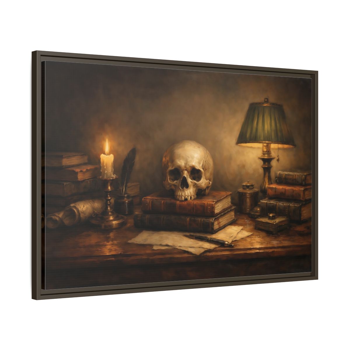 Side Mockup 9. Vintage Skull Dark Academia Still Life shown as stretched canvas wall art