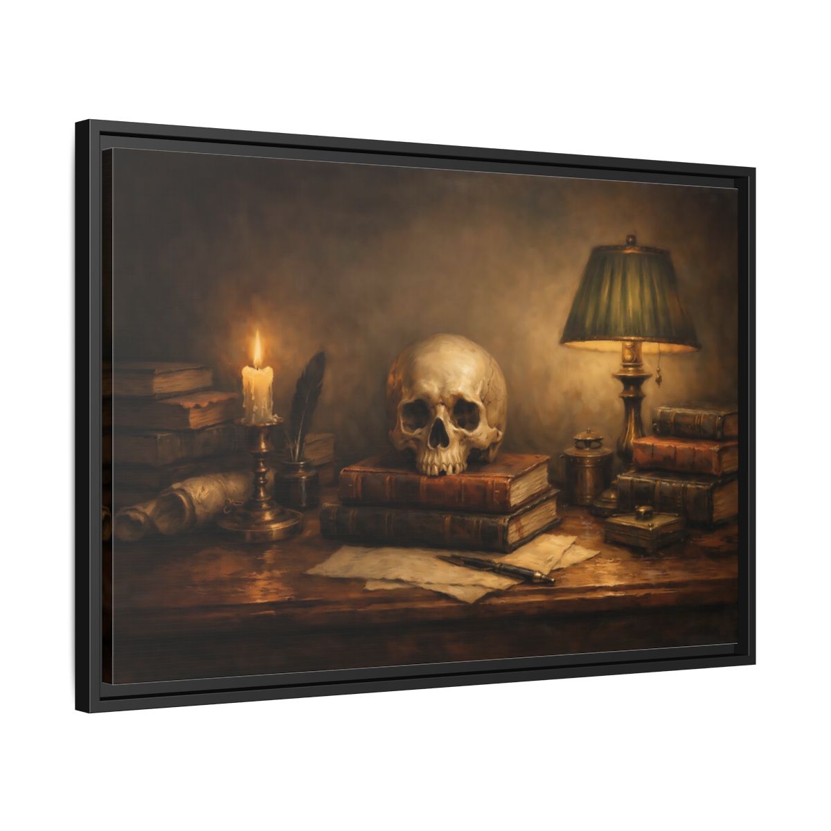 Side Mockup 14. Vintage Skull Dark Academia Still Life shown as stretched canvas wall art