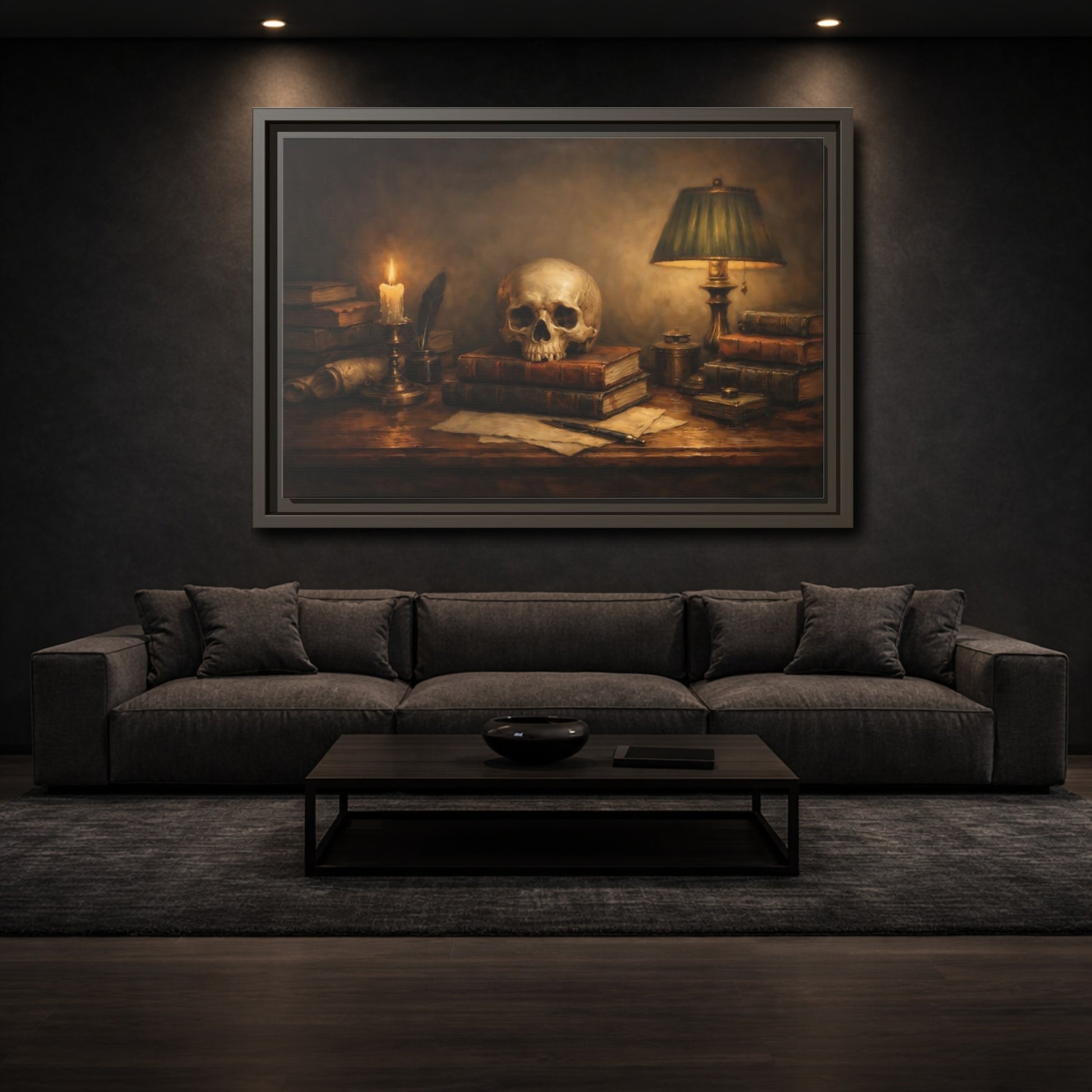 Mockup 2. Vintage Skull Dark Academia Still Life shown as stretched canvas wall art