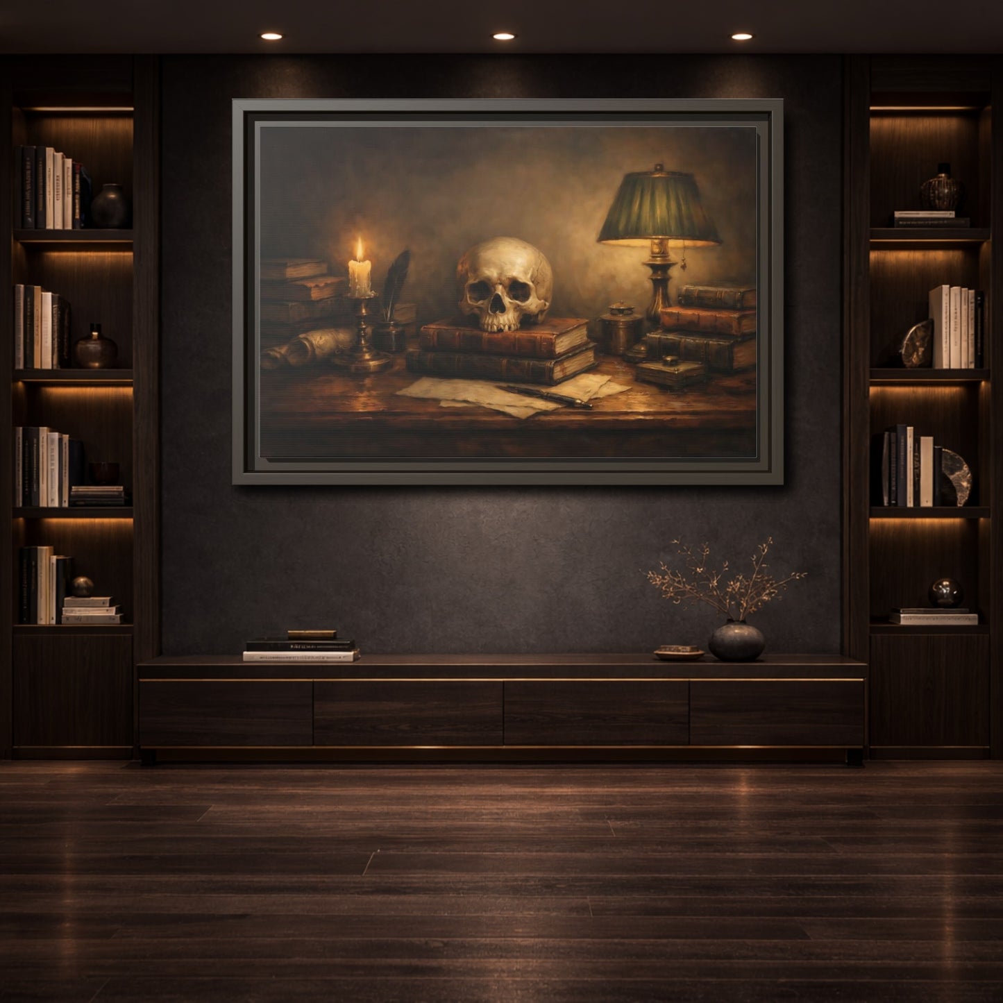 Mockup 3. Vintage Skull Dark Academia Still Life shown as stretched canvas wall art
