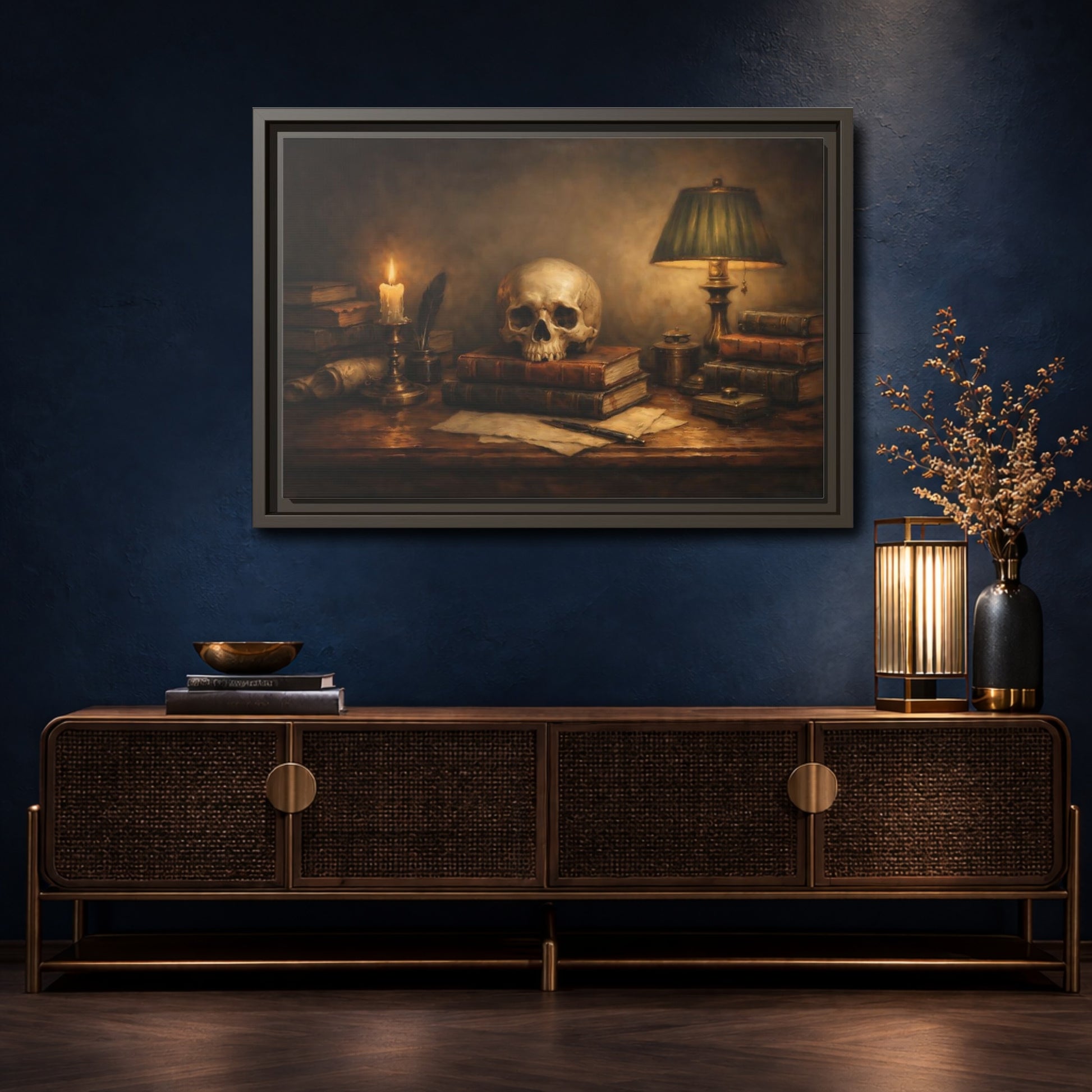 Mockup 4. Vintage Skull Dark Academia Still Life shown as stretched canvas wall art