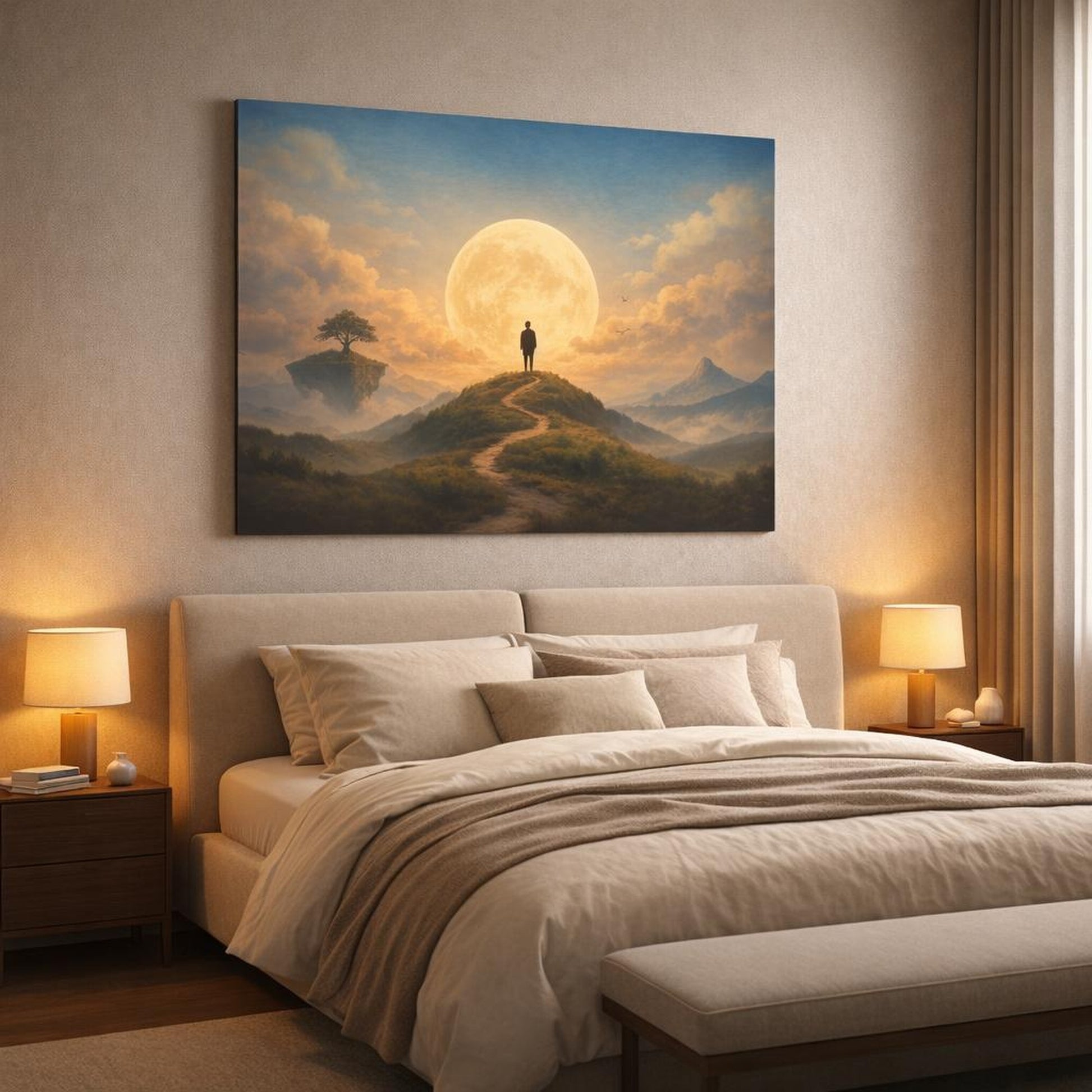 Vintage Sky Hills shown as canvas wall art in a luxury bedroom