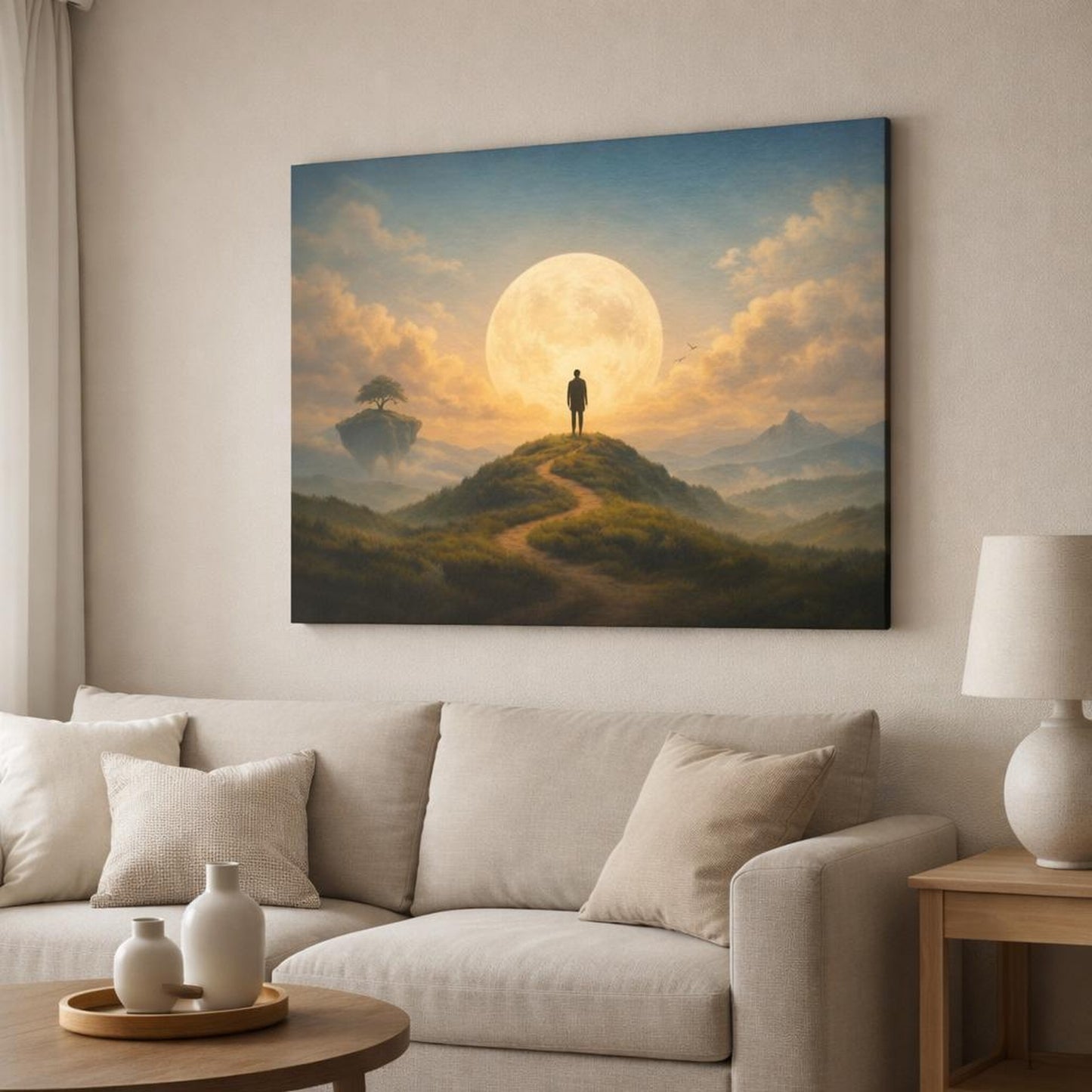 Vintage Sky Hills shown as canvas wall art in a modern living room