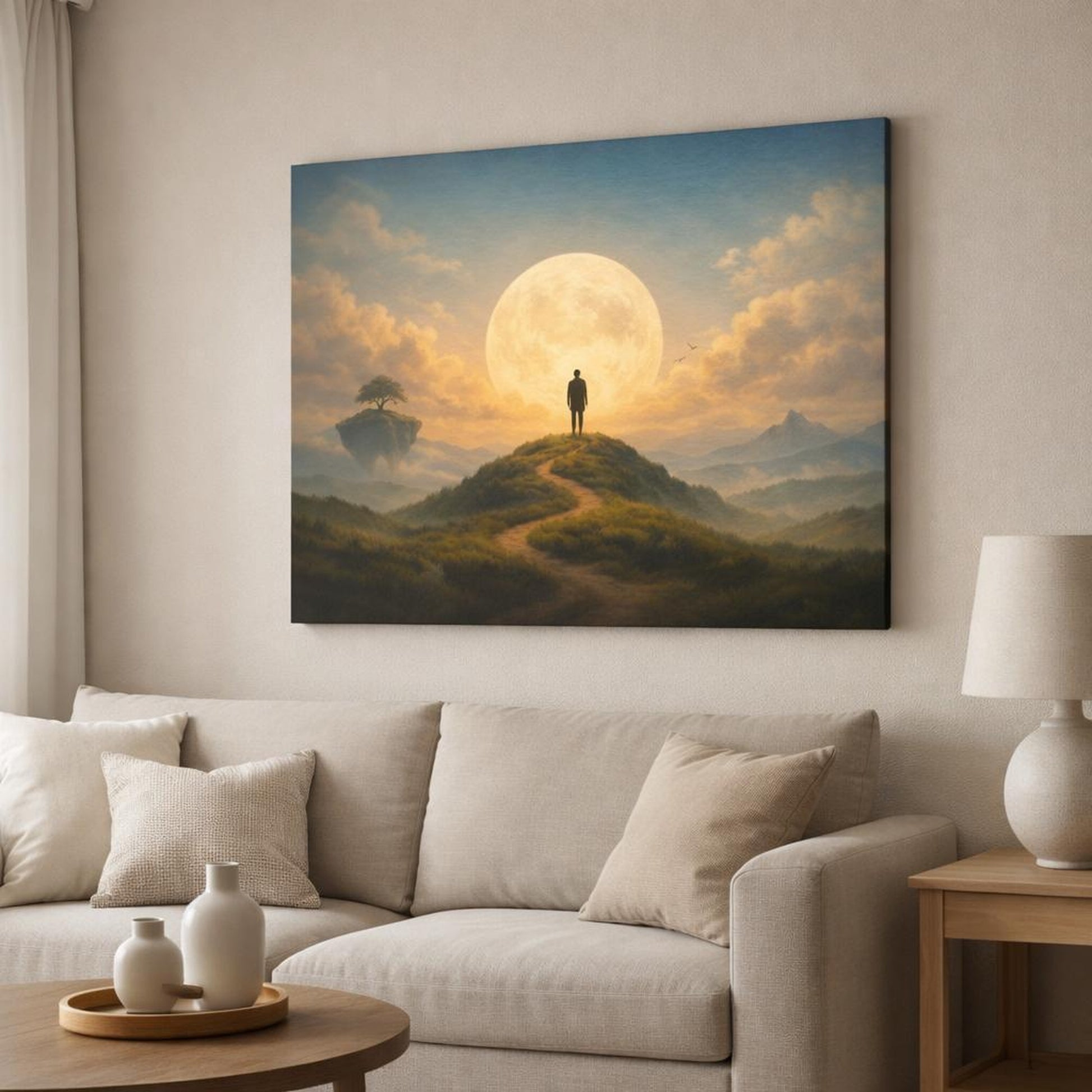 Vintage Sky Hills shown as canvas wall art in a modern living room