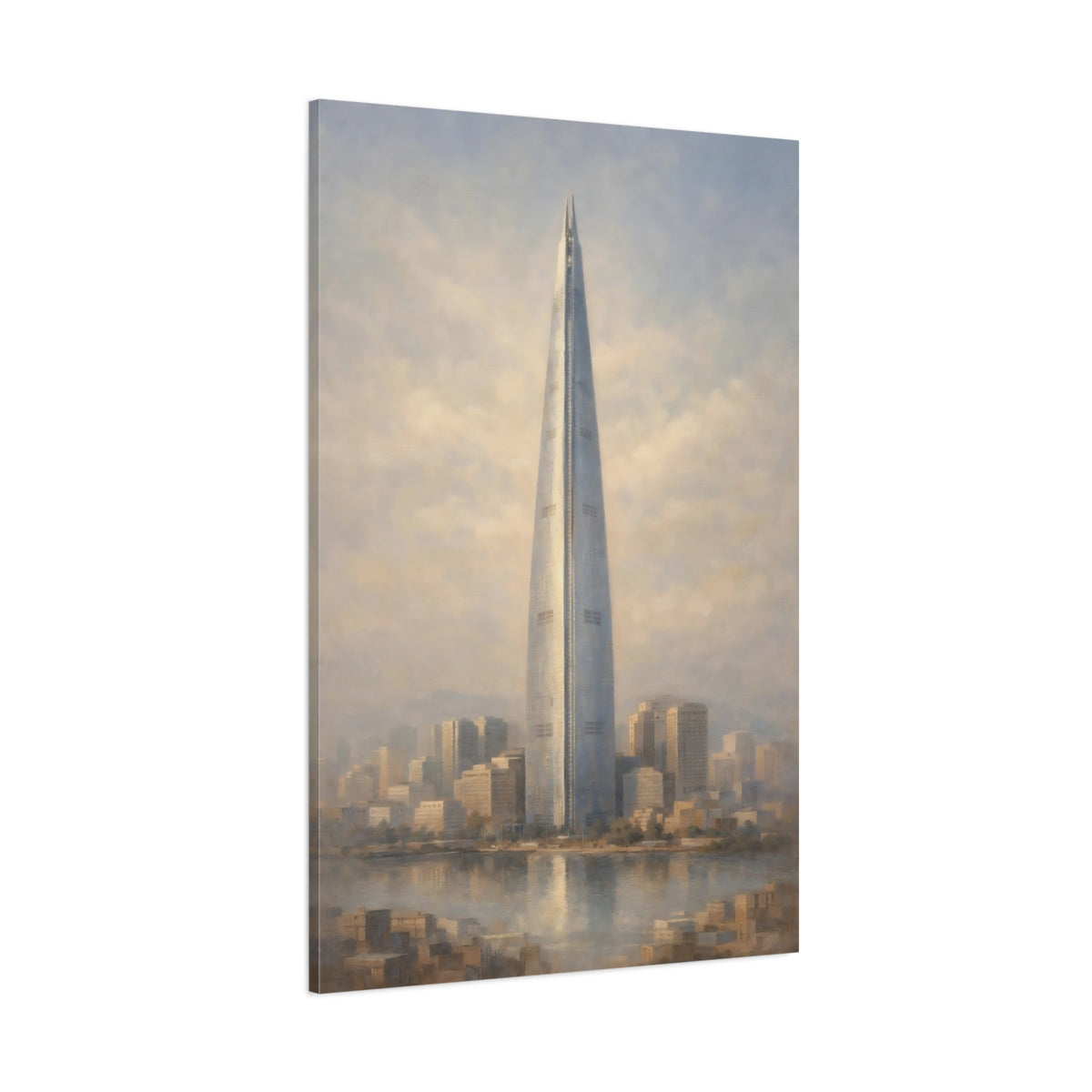 Main Mockup. Vintage Skyscraper Blue And Beige Cityscape shown as stretched canvas wall art