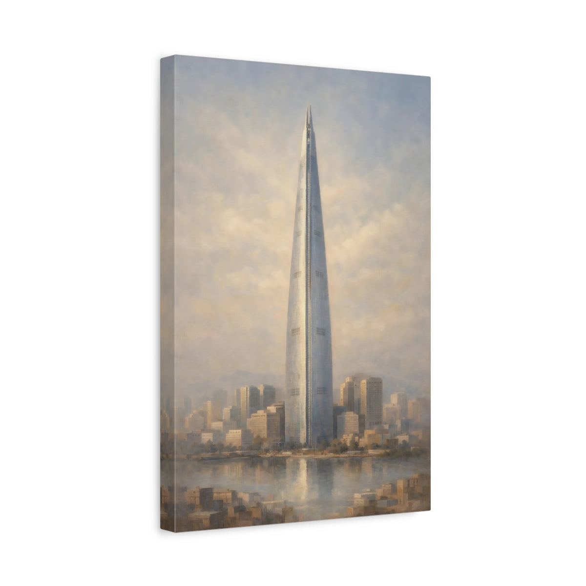 Side Mockup 4. Vintage Skyscraper Blue And Beige Cityscape shown as stretched canvas wall art
