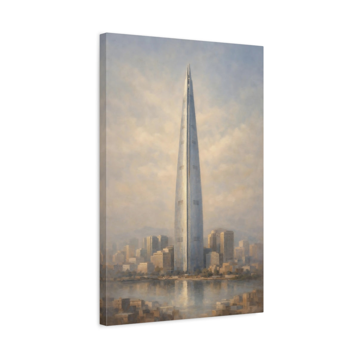 Side Mockup 3. Vintage Skyscraper Blue And Beige Cityscape shown as stretched canvas wall art