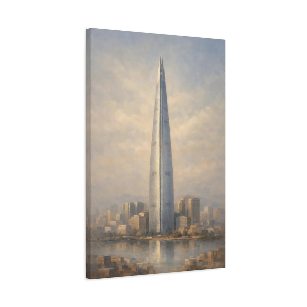 Side Mockup 2. Vintage Skyscraper Blue And Beige Cityscape shown as stretched canvas wall art