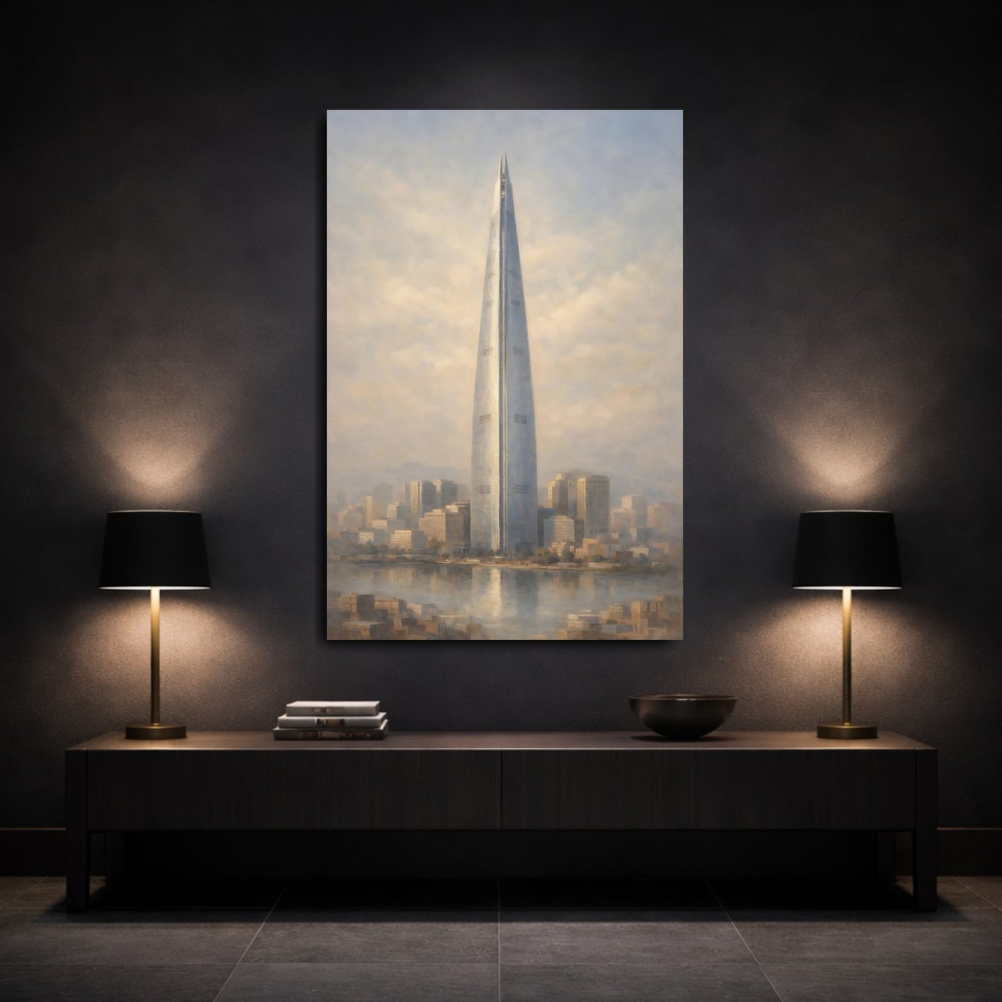 Mockup 2. Vintage Skyscraper Blue And Beige Cityscape shown as stretched canvas wall art