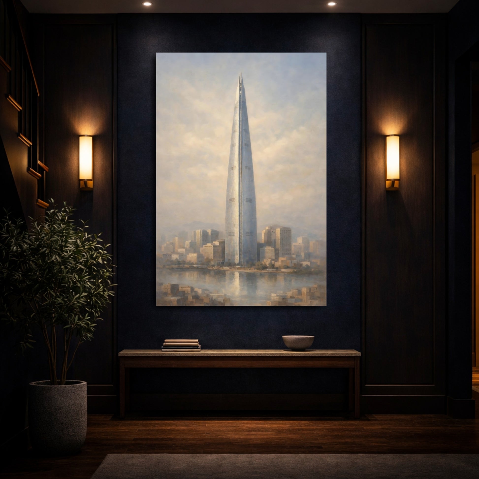 Mockup 3. Vintage Skyscraper Blue And Beige Cityscape shown as stretched canvas wall art