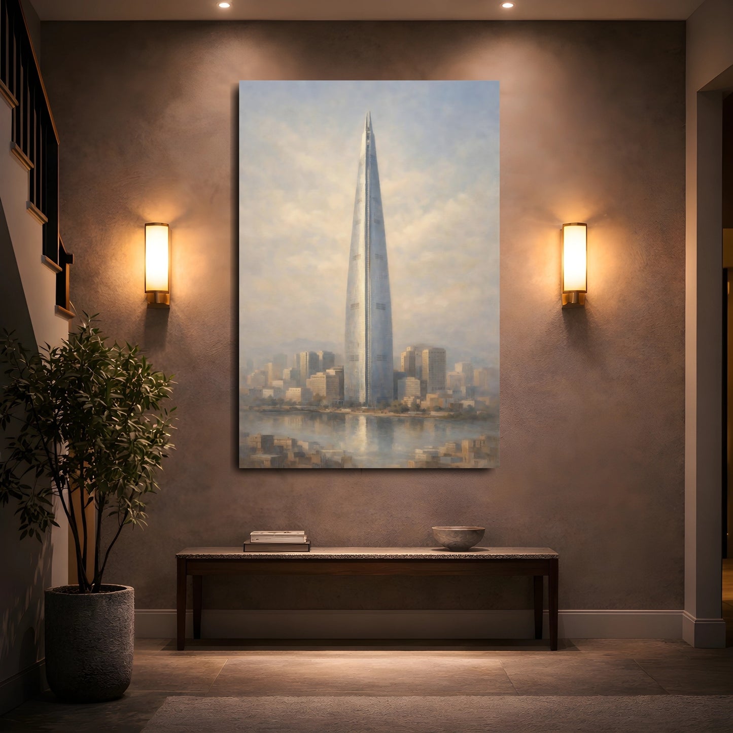 Mockup 4. Vintage Skyscraper Blue And Beige Cityscape shown as stretched canvas wall art