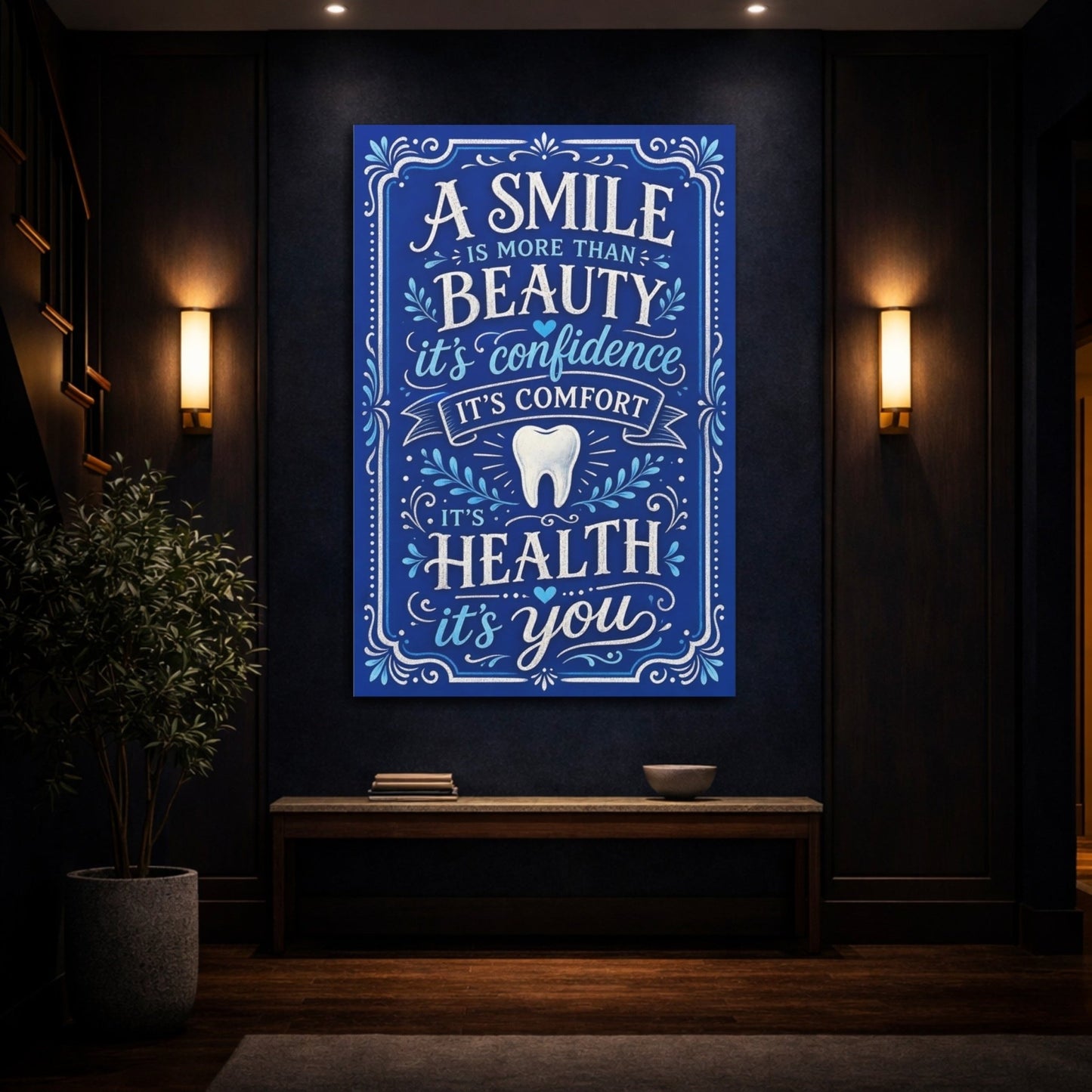 Vintage Smile Quote Blue And White Canvas Print – Hand - lettered Dental Office, Main Wall - YesArtYes