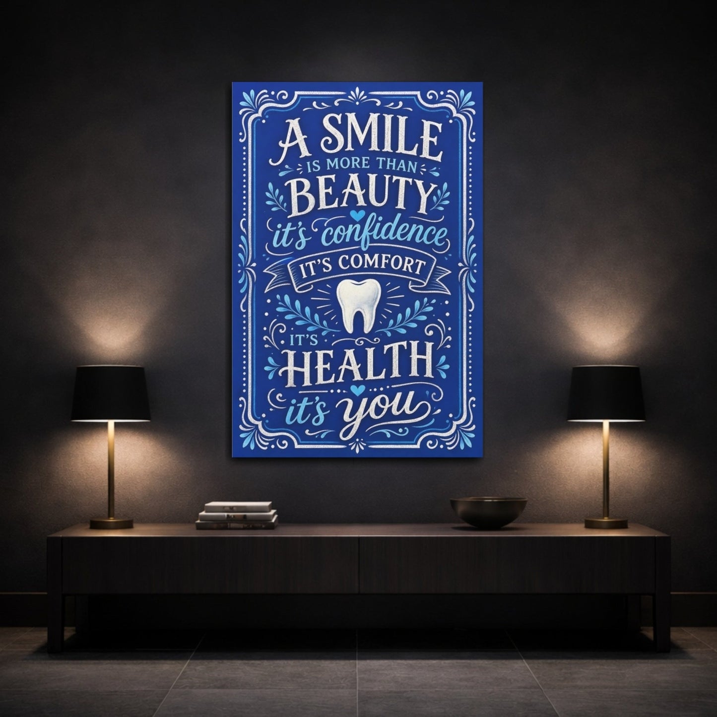 Vintage Smile Quote Blue And White Canvas Print – Hand - lettered Dental Office, Main Wall - YesArtYes