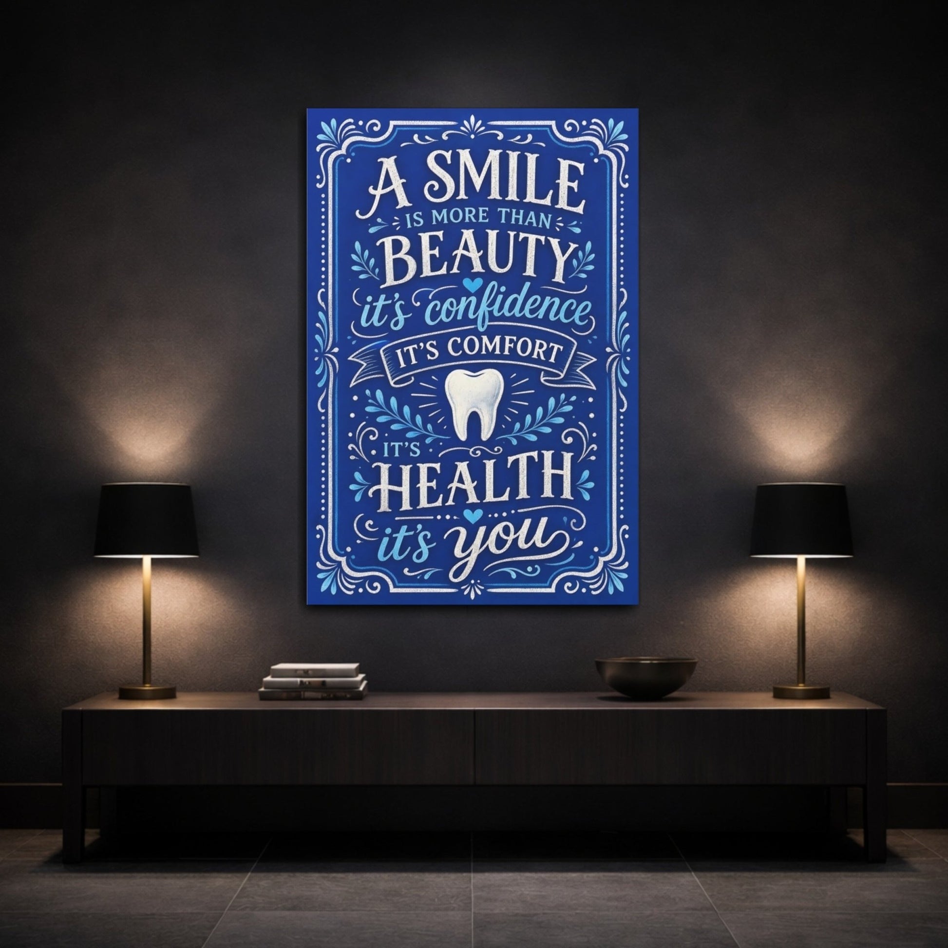 Vintage Smile Quote Blue And White Canvas Print – Hand - lettered Dental Office, Main Wall - YesArtYes