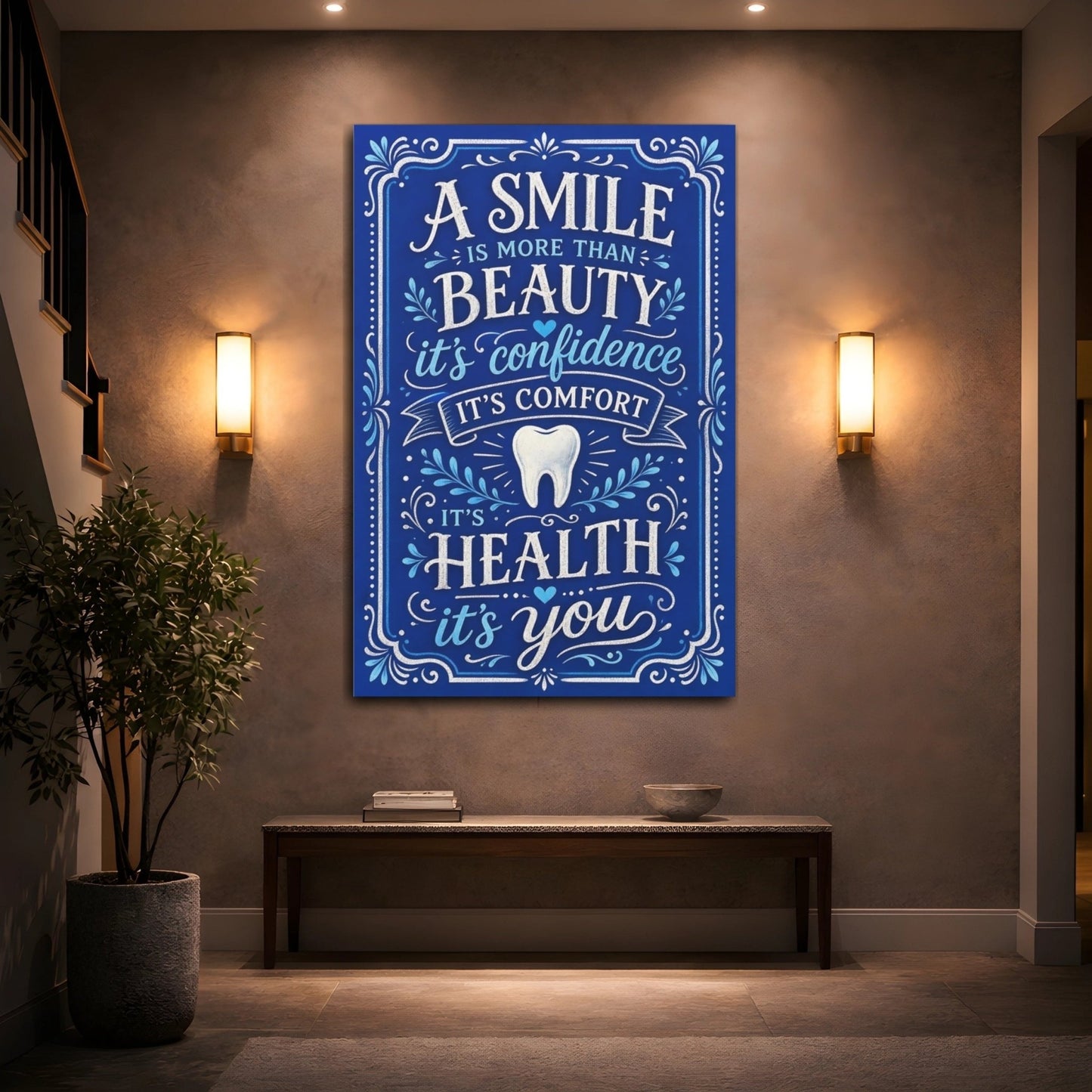 Vintage Smile Quote Blue And White Canvas Print – Hand - lettered Dental Office, Main Wall - YesArtYes