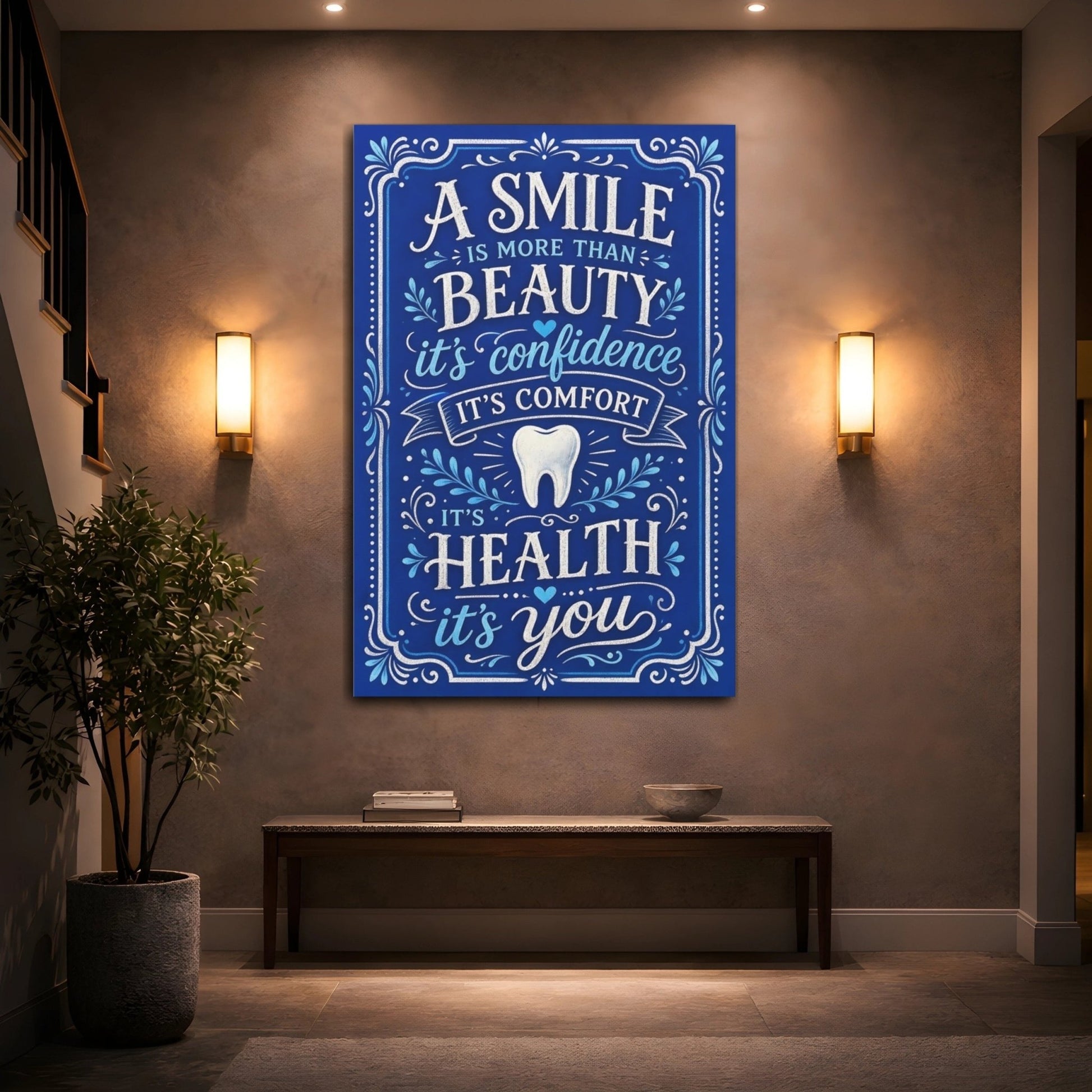 Vintage Smile Quote Blue And White Canvas Print – Hand - lettered Dental Office, Main Wall - YesArtYes