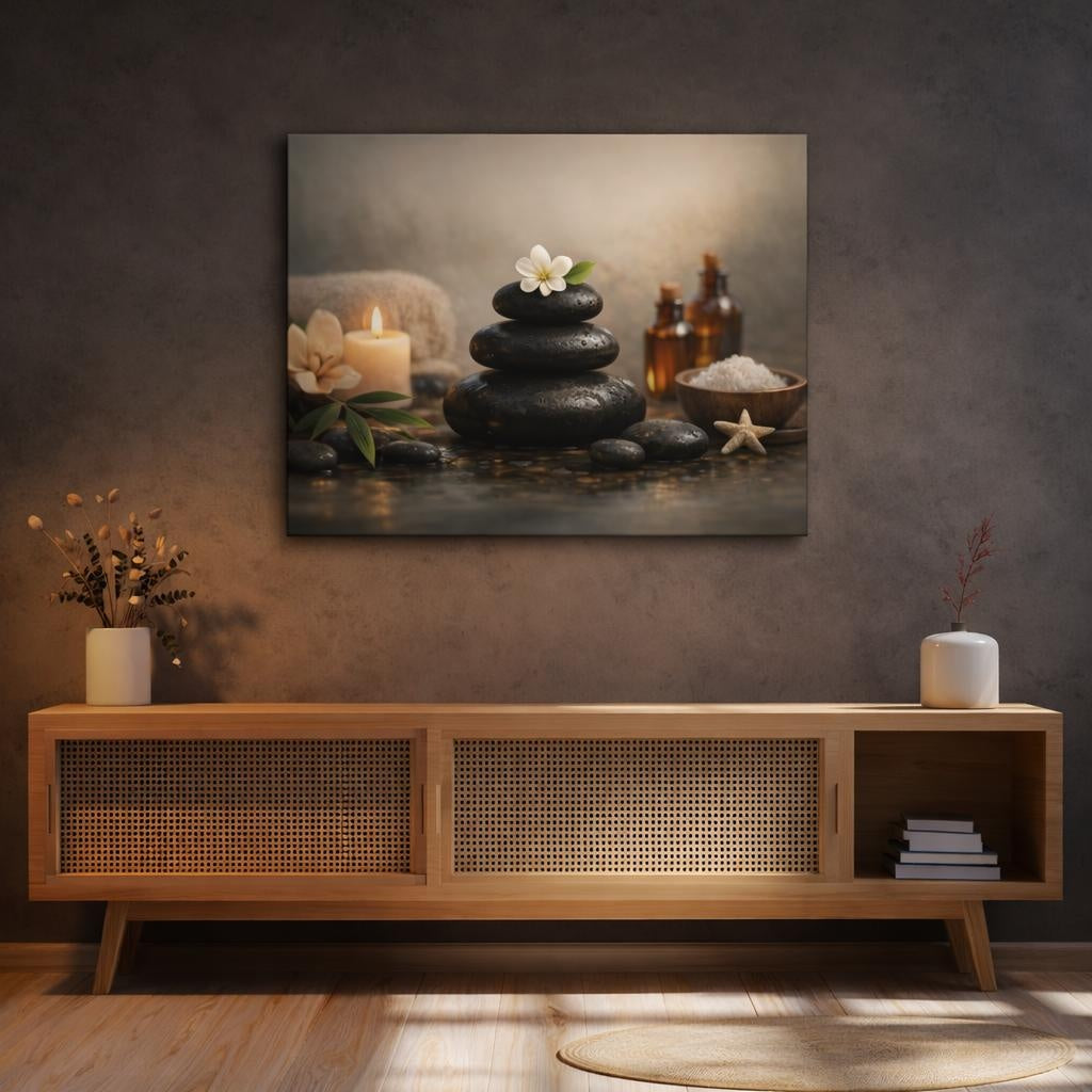 Vintage Spa Stones shown as canvas wall art in a refined dining room
