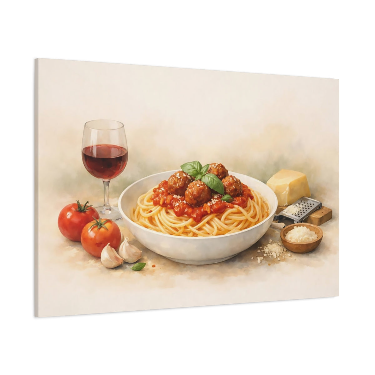 Vintage Spaghetti Meatballs Red Pasta Dish shown as stretched canvas wall art