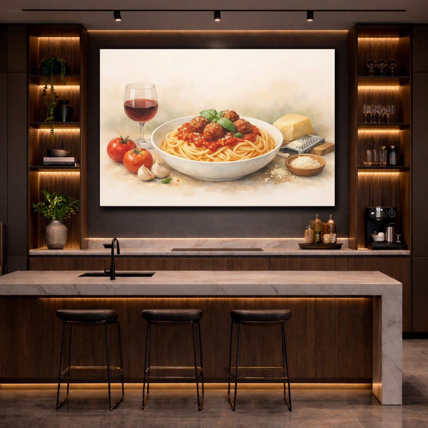Vintage Spaghetti Meatballs Red Pasta Dish shown as front canvas room wall art