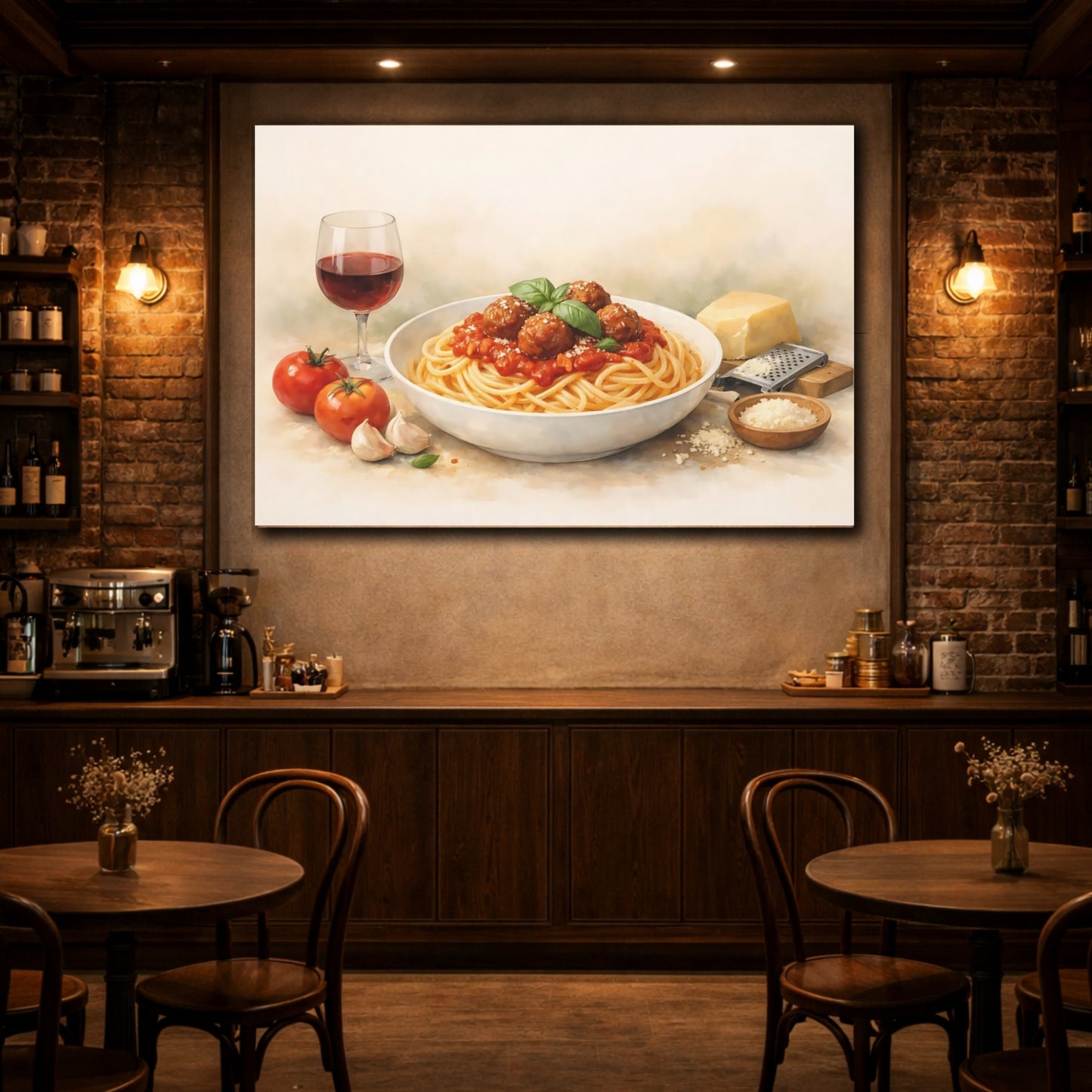 Vintage Spaghetti Meatballs Red Pasta Dish shown as front canvas room wall art
