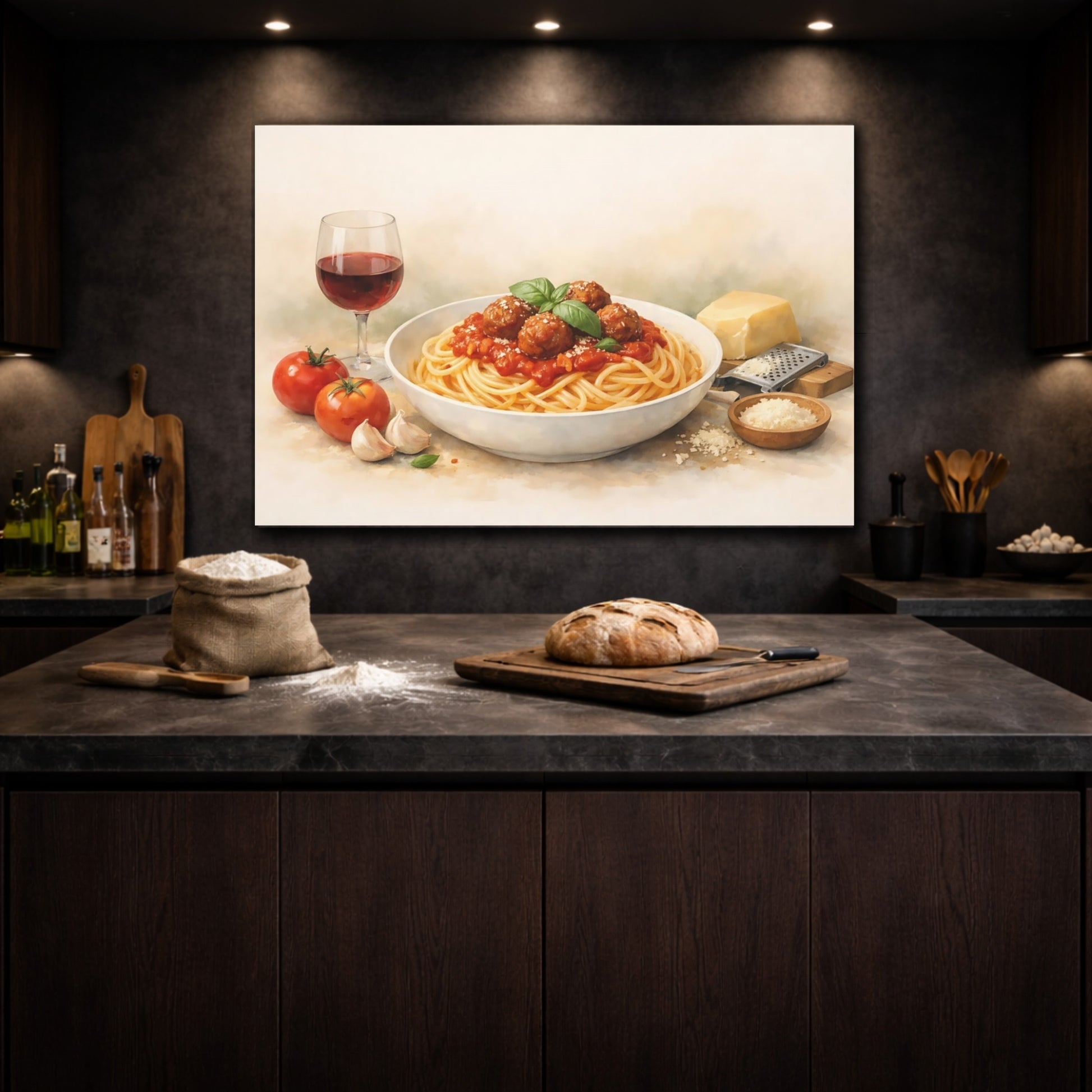 Vintage Spaghetti Meatballs Red Pasta Dish shown as front canvas room wall art