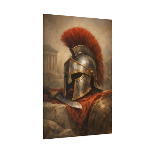 Main Mockup. Vintage Spartan Helmet Red And Gold shown as stretched canvas wall art