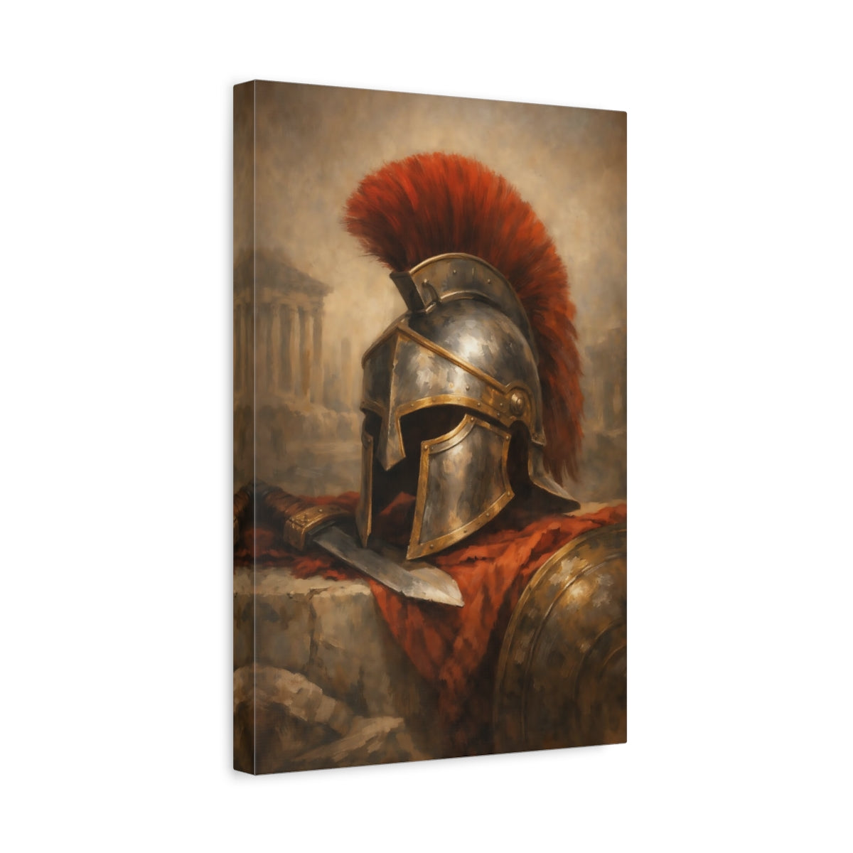 Side Mockup 4. Vintage Spartan Helmet Red And Gold shown as stretched canvas wall art