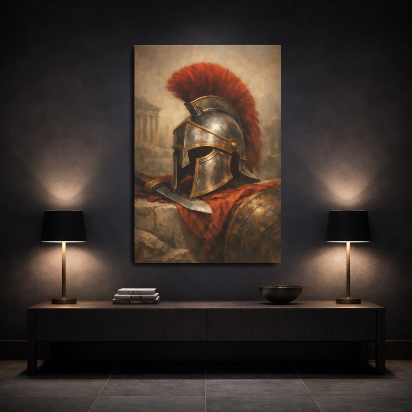 Mockup 2. Vintage Spartan Helmet Red And Gold shown as stretched canvas wall art