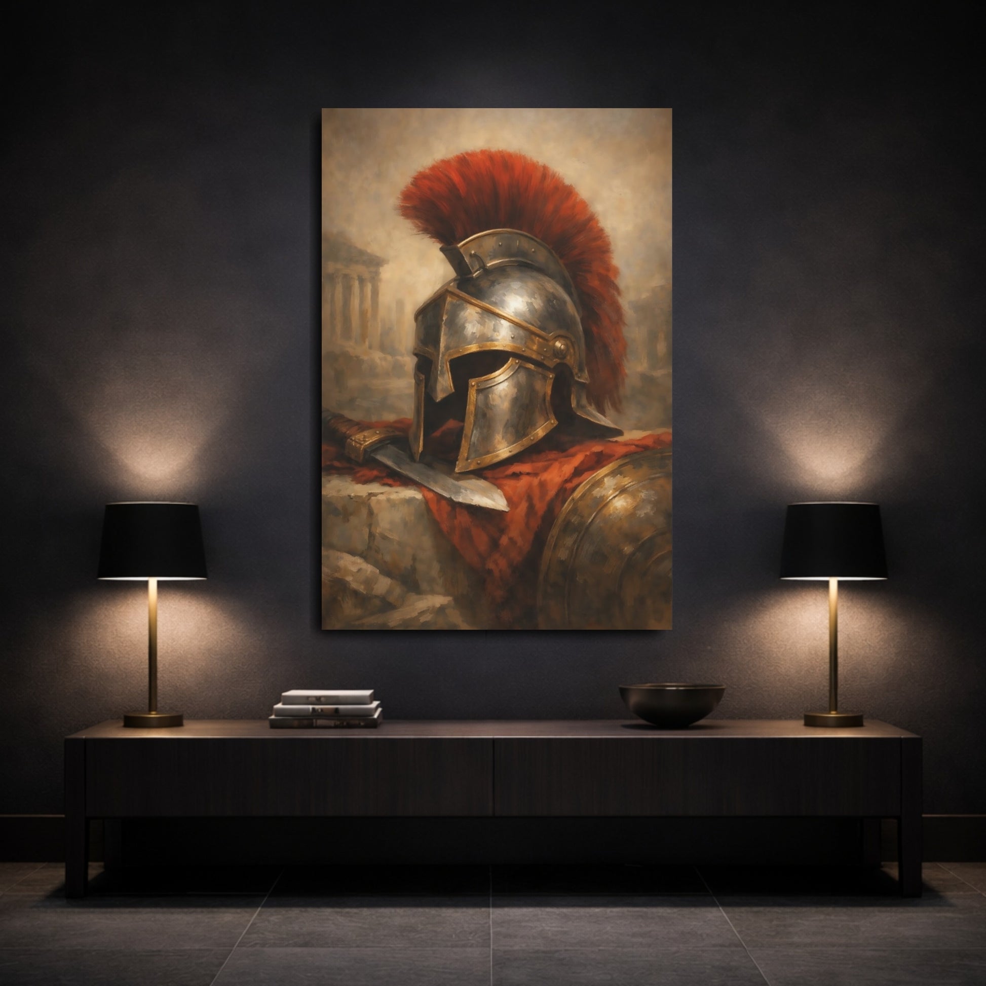 Mockup 2. Vintage Spartan Helmet Red And Gold shown as stretched canvas wall art