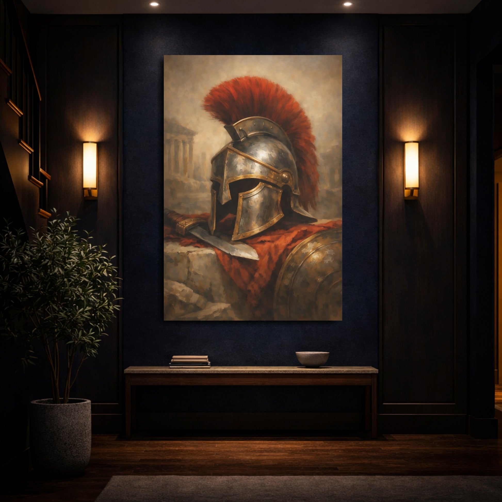 Mockup 3. Vintage Spartan Helmet Red And Gold shown as stretched canvas wall art