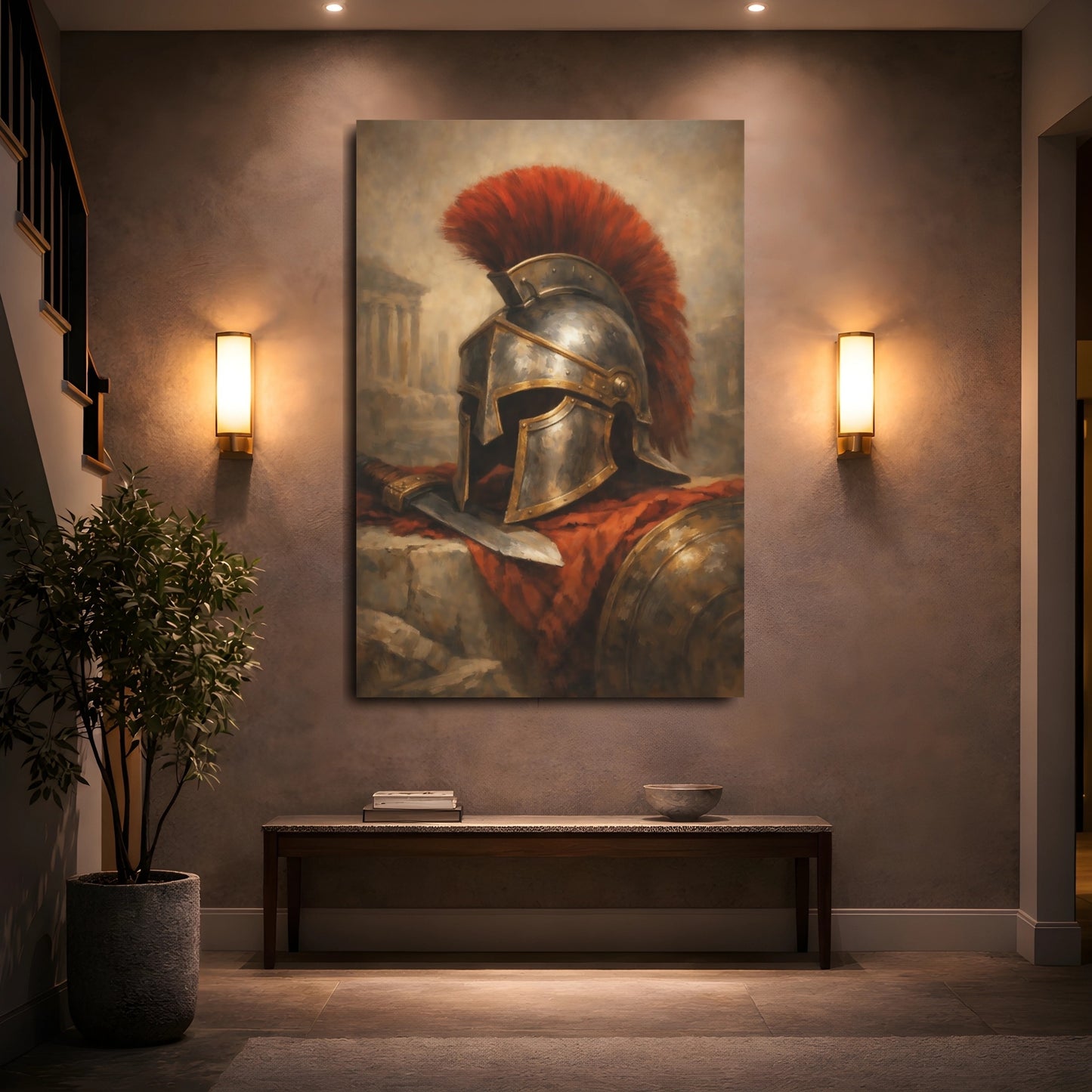 Mockup 4. Vintage Spartan Helmet Red And Gold shown as stretched canvas wall art